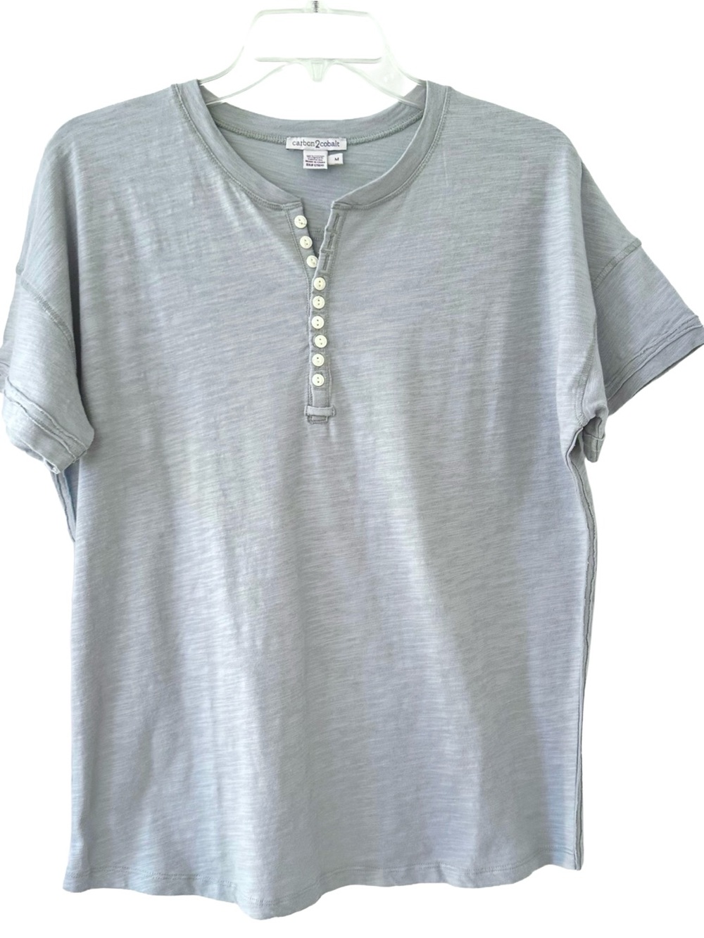 Carbon 2 Cobalt Cotton Henley Top Short Sleeve Light Gray Blue Women's Tee Sz M